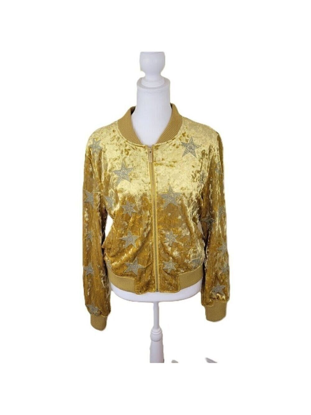 Sanctuary Bomber Style Jacket Gold Crushed Velvet With Silver Stars Womens SZ XS